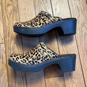 Lands End Leopard Calf Hair Clogs Platform Mules Animal Print Brown Tan Buckle